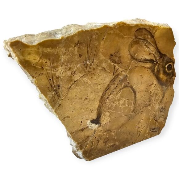 Vintage 80s Stone Slab Marble Rabbit Painting Signed Decor Piece - Picture 3 of 8